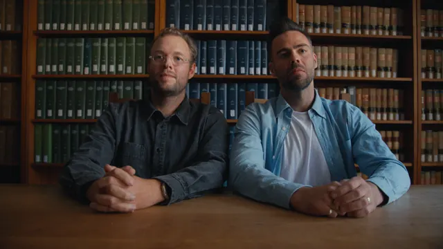 Josh Janssen and Tommy Jackett, the two Australians behind In Guns We Trust, in a law library at UCLA, Los Angeles.