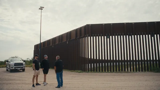 Josh and Tommy with Chris Cabrera of the US Border Patrol beside the border wall in Texas.