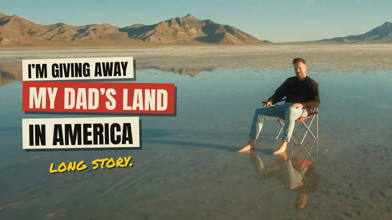 Thumbnail for The Jackett Ranch, Part 1: Tommy Jackett sitting in a folding chair in shallow water on the salt flats, with the words I'm giving away my dad's land in America.